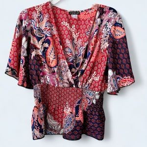 Venus Multi-Color Paisley Gathered Waist Short Dolman Sleeve Blouse - Medium